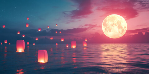 Stunning Sky Lantern Festival Image Pink Moon Night Sky Water Reflections