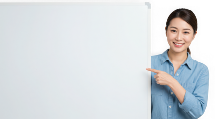 Woman pointing at board isolated on white background
