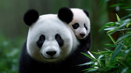 Panda lounging in tree fork high above ground, long lens perspective creates calm isolation