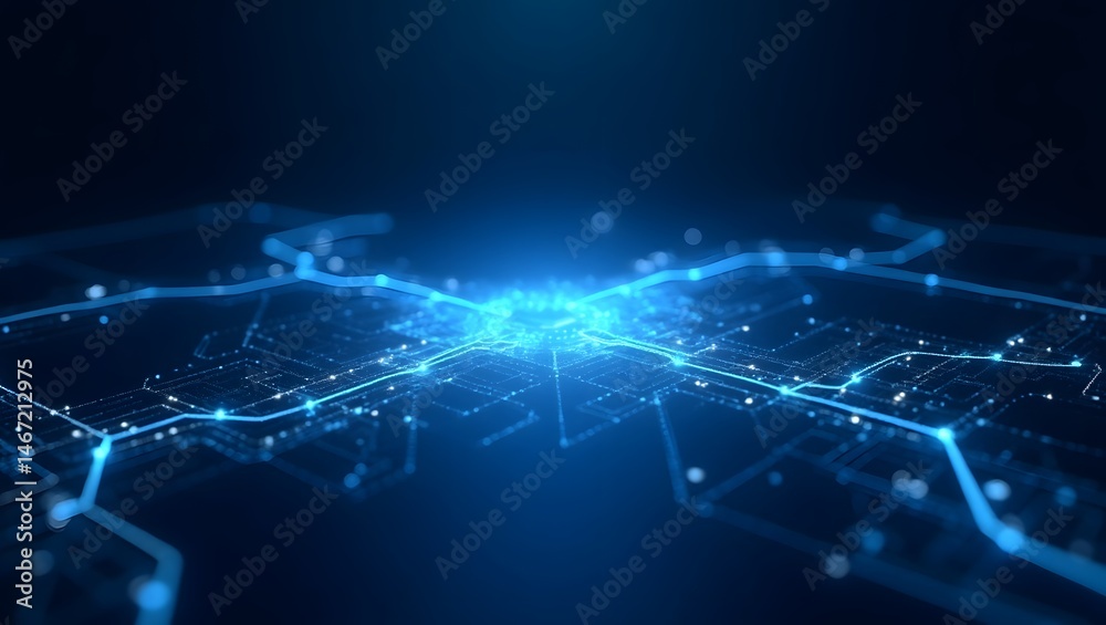Poster a mesmerizing glowing digital circuit grid on a sleek dark background, symbolizing interconnected te