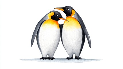 Fototapeta premium Two Penguins Embracing - Watercolor painting of two penguins standing close together, appearing to embrace. Simple, charming illustration