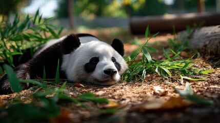 Fototapeta premium Panda walking slowly through dense underbrush, focused foreground with blurred layers of leaves in back