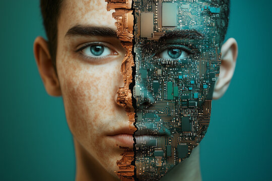  Human face merged with circuit board representing AI integration in healthcare. Human and machine concept. Digital medicine idea