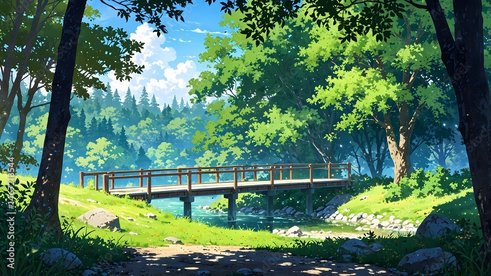 Poster a serene forest scene with a wooden bridge crossing a clear stream. the sun-dappled leaves of the tr