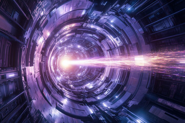 Futuristic fusion energy beam inside high-tech reactor core. Plasma stream idea. Future power sources concept.