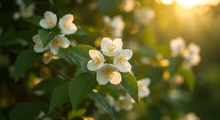 White jasmine flowers blooming in the garden under the warm sunlight creating a natural spring background