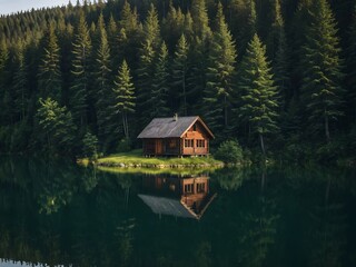 Obraz premium Secluded Wooden Cabin by Tranquil Lake Surrounded by Lush Evergreen Forest