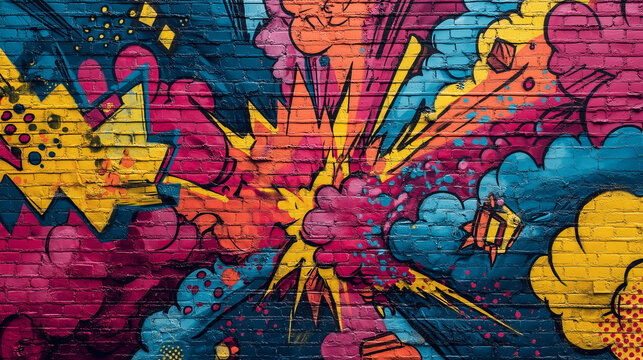 Pop art comic street graffiti with colorful cloud on a brick wall. Fantastic poster background.