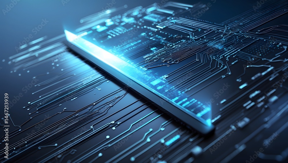Poster close-up of a glowing circuit board with intricate details, symbolizing innovation and modern techno