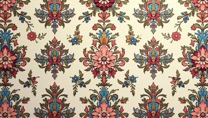 Intricate floral damask pattern in muted tones, flowers, luxury