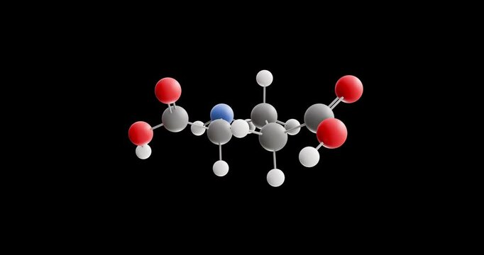Glutamic acid molecule, rotating 3D model of glutamate, looped video on a black background