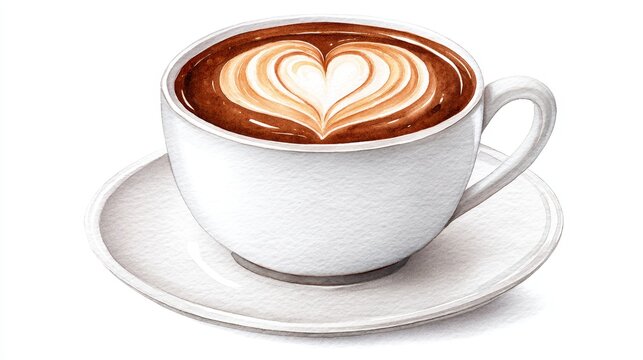 Watercolor Cappuccino Cup Artwork - A watercolor painting of a cappuccino, warm beverage, heart design, morning ritual, cafe comfort