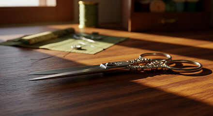 Vintage sewing scissors and thread on a wooden table in warm sunlight create a crafting atmosphere