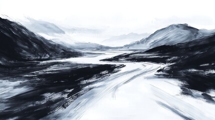 Hand-drawn sumi-e painting of a river valley