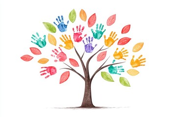 Obraz premium Watercolor Handprint Tree - Colorful handprints form leaves on a watercolor tree, symbolizing unity, growth, diversity, community, and childhood