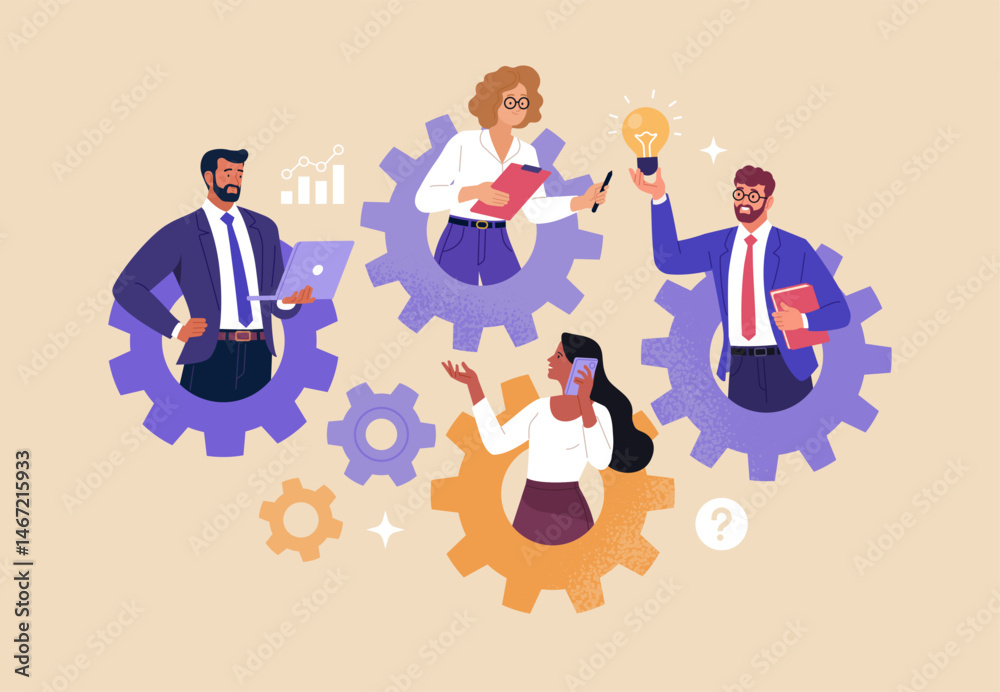 Poster Business Teamwork Concept. Vector illustration in flat style of a mechanism consisting of gears and diverse business people performing various tasks. Isolated on background.