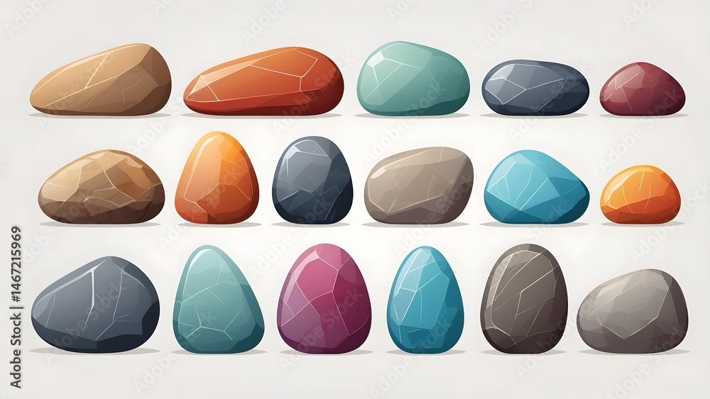 Poster a collection of various colorful stones, carefully arranged. These stones vary in shape and color, creating a diverse and eye-catching display