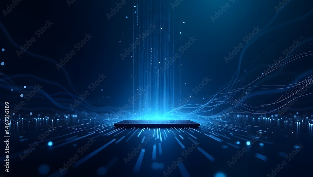 Poster a futuristic technological scene featuring a digital podium and light beams, with data streams flowi