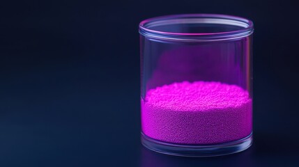 A clear glass jar filled halfway with bright pink beads sits on a dark surface, illuminated by soft lighting.