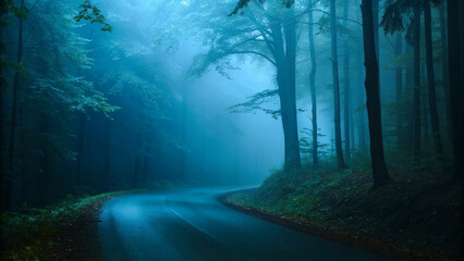 Obraz premium Enchanted Path: Twisting Road in a Misty Blue Forest Under Night Sky