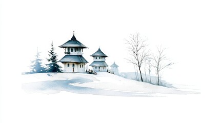 Winter Pagoda Landscape - Serene watercolor painting of three pagodas nestled on a snow-covered hill, surrounded by leafless trees. Peaceful winter scene
