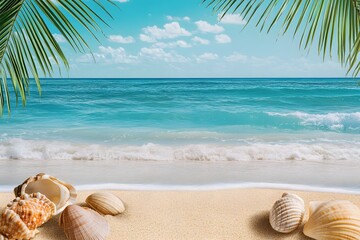 Beautiful tropical beach scene with seashells soft sand palm leaves and turquoise water