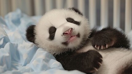 Adorable panda cub asleep in a crib