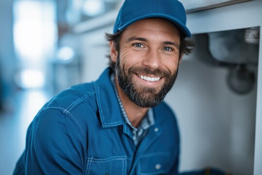 Smiling male plumber in blue uniform, working under a sink, showcasing tools and plumbing fixtures, creating a friendly and professional atmosphere in a modern kitchen