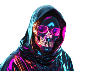 Neon Skull in Hooded Robe: A Cyberpunk Digital Art Masterpiece