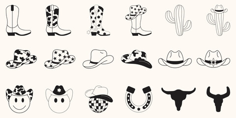 Fototapeta premium Set of Cowgirl Icons. Collection Babges. Vector Design Elements. Wild West, Western Themed, Y2K.