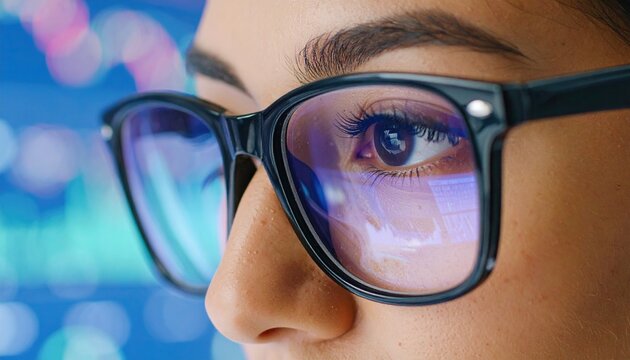 Focused crypto trader analyst wearing eyeglasses working looking at computer screen reflecting in glasses analyzing online trading stock exchange market
