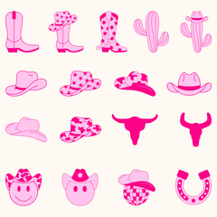 Set of Cowgirl Icons. Collection Babges. Vector Design Elements. Wild West, Western Themed, Y2K.