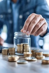 A person adds coins to a glass jar filled with stacks of coins, signifying saving and financial planning