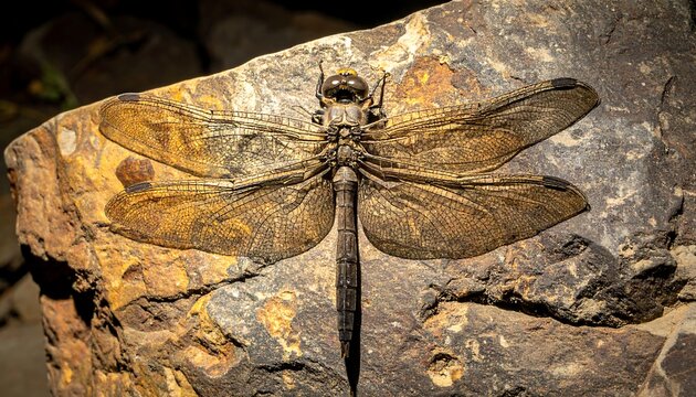 Fossilized Dragonfly on Dark Brown Rock