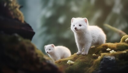 Snow marten with his child standing in the arctic regions green frost forest, rare view in the arctic, rare animal sighting in snowy forest