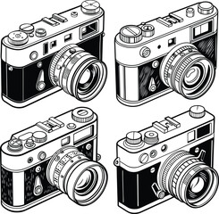 A set of old photographic equipment features a retro camera, vintage lenses, and classic accessories for film photography