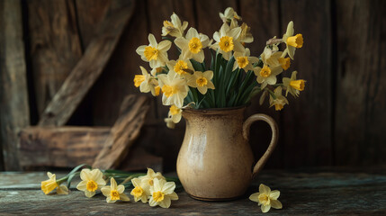 This still life captures the essence of spring with yellow flowers in a jug, evoking warmth and freshness.