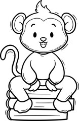 Adorable Cartoon Monkey Sitting on Books Outline