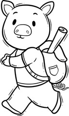 Cute Cartoon Pig Character with Backpack Outline