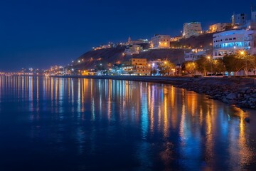 Naklejka premium Blue city night view with reflective river lights 