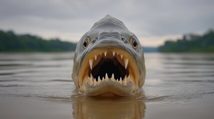 Piranha's Menace: A menacing piranha, displaying its razor-sharp teeth and piercing gaze, emerges from the murky water, creating a striking, fear-inducing portrait of nature's ruthlessness.