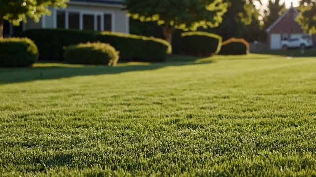 Serene suburban sunrise illuminating green lawn and architecture