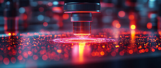Hightech scanning microscope with glowing red futuristic optics and digital interface lights
