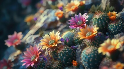 Vibrant blossoms of colorful desert succulents.
