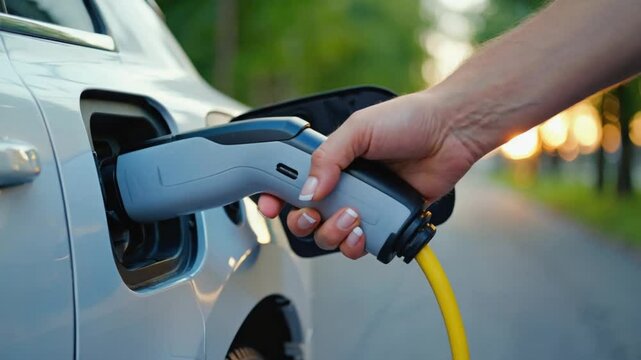 Closeup of woman's hand charging an electric car at a charging station