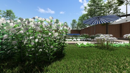 3d image of the landscape design of the home territory. Landscaping of the territory. Computer visualization of composite landscaping and landscaping solutions. White garden.