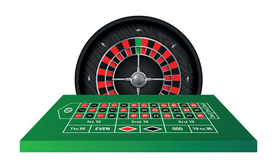 Roulette table and roulette wheel. Vector 3d illustration