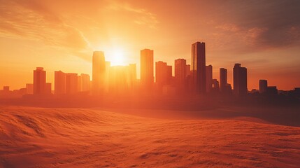 Obraz premium Silhouetted skyscrapers at sunset, casting a warm glow over the sandy landscape.