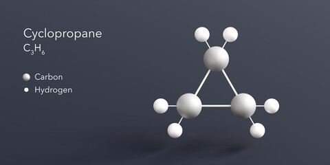 cyclopropane molecule 3d rendering, flat molecular structure with chemical formula and atoms color coding