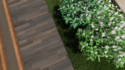 3d image of the landscape design of the home territory. Landscaping of the territory. Computer visualization of composite landscaping and landscaping solutions. White garden.